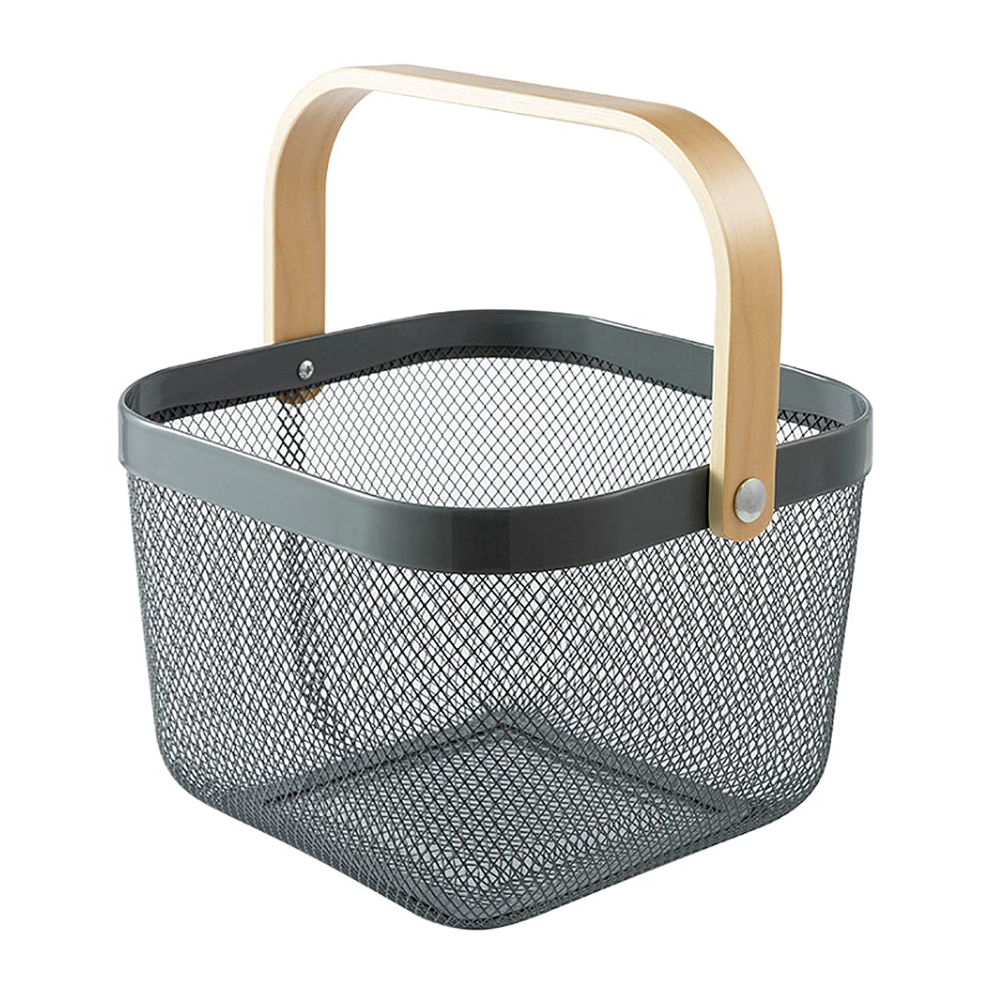 Square Mesh Metal Storage Basket with Wood Handle