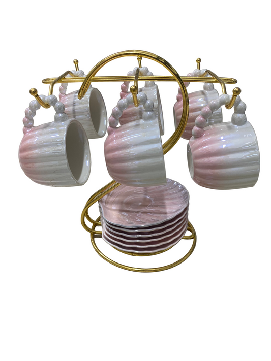 12 Pcs Coffee Cups With Saucers Set W/ Metal Gold  Stand