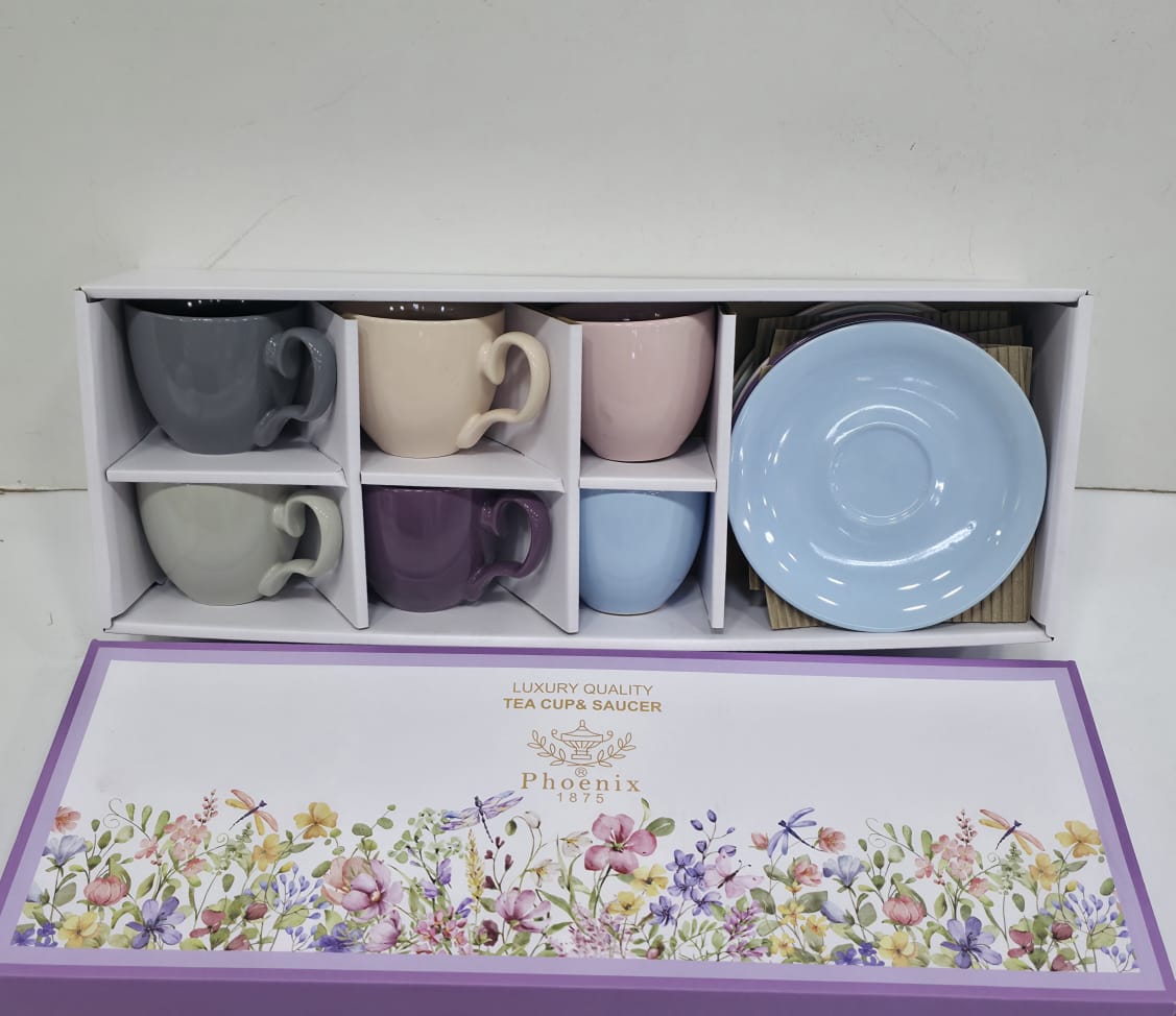 Phoenix, 12 Pcs Colored Coffee Cups With Saucers Set