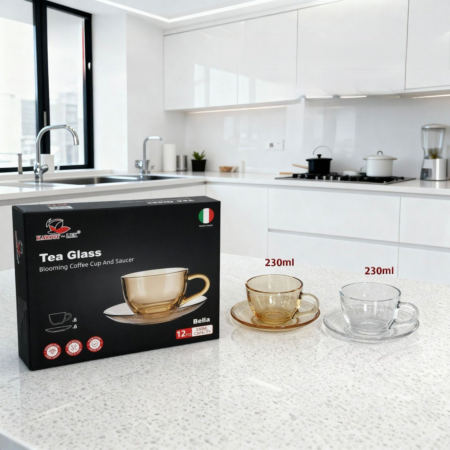 12 Pcs Transparent Glass Cup With Saucers Set