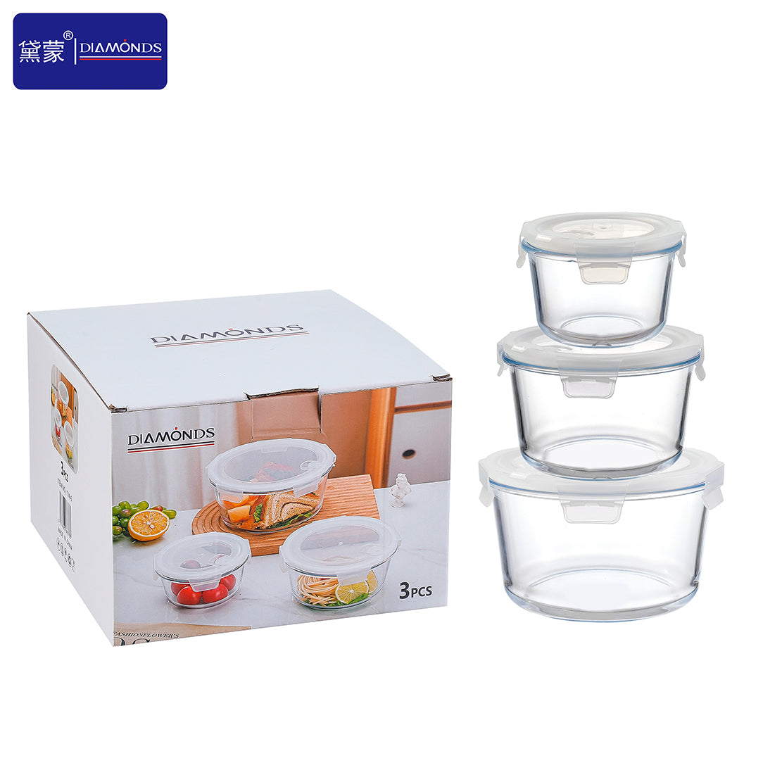 3 Pcs Round Glass Food Storage Container With Plastic Lid