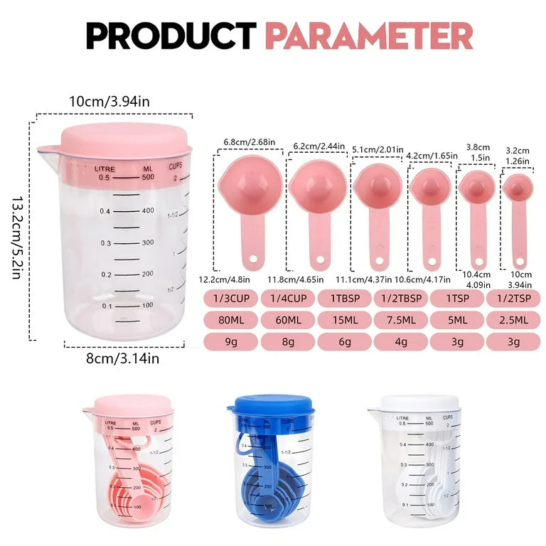 7 pcs plastic set measurings cup and spoons