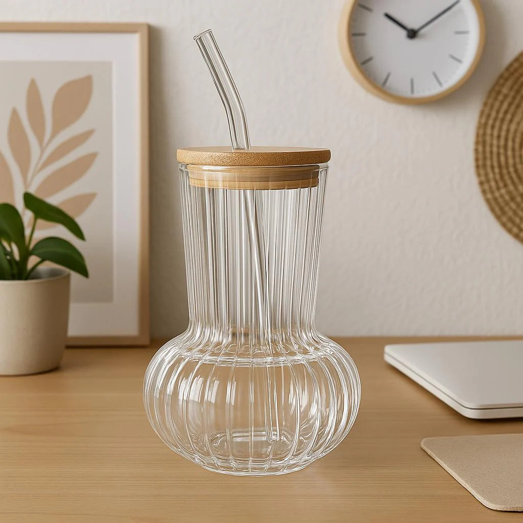 Glass Iced Coffee Cup With Lid & Straw