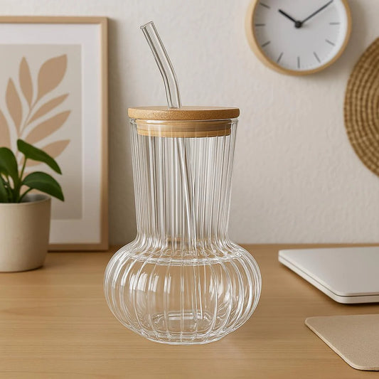 Glass Iced Coffee Cup With Lid & Straw