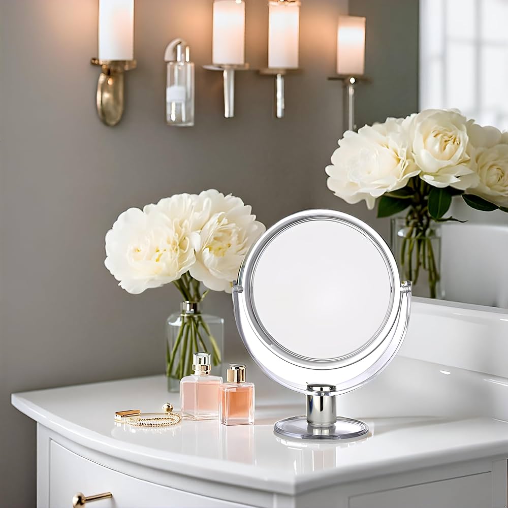 Plexi Round Tabletop Two-Sided Swivel Vanity Makeup Mirror with 2X Magnification