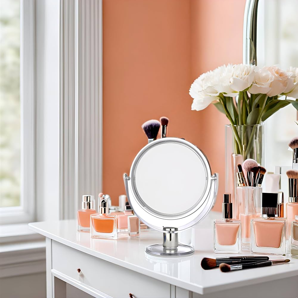 Plexi Round Tabletop Two-Sided Swivel Vanity Makeup Mirror with 2X Magnification