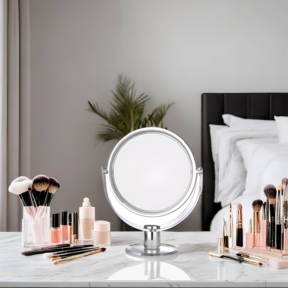 Plexi Round Tabletop Two-Sided Swivel Vanity Makeup Mirror with 2X Magnification