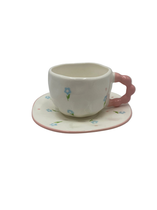 2 Pcs Ceramic Flower Mug  With Plate Set