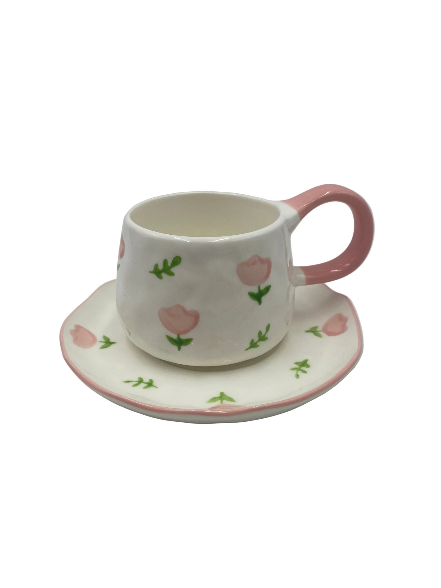 2 Pcs Ceramic Flower Mug  With Plate Set