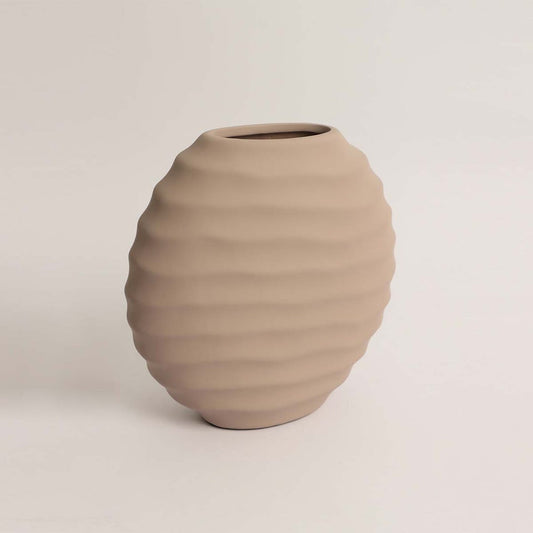 Horizontal Beige Ribbed Oval Ceramic Vase