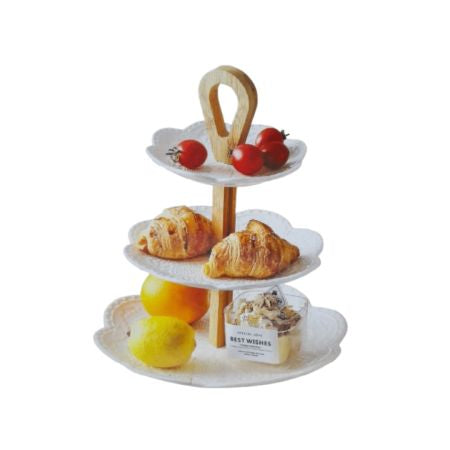 3-Tier Porcelain Flower Plate Set With Wooden Handle