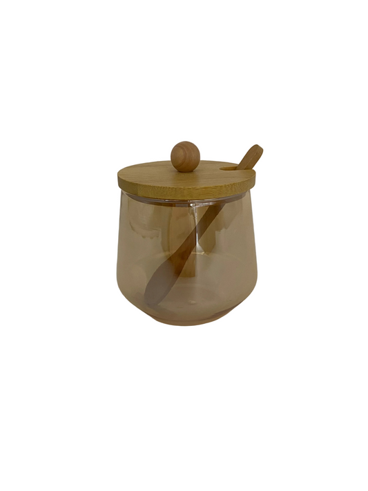Glass Amber With Bamboo Sugar Pot