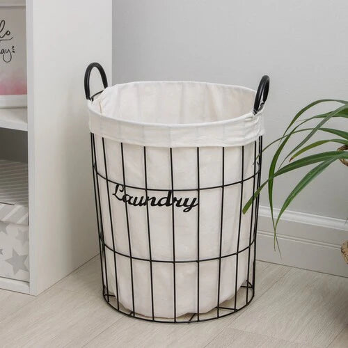 White Fabric Lined Metal Laundry Basket With Handles