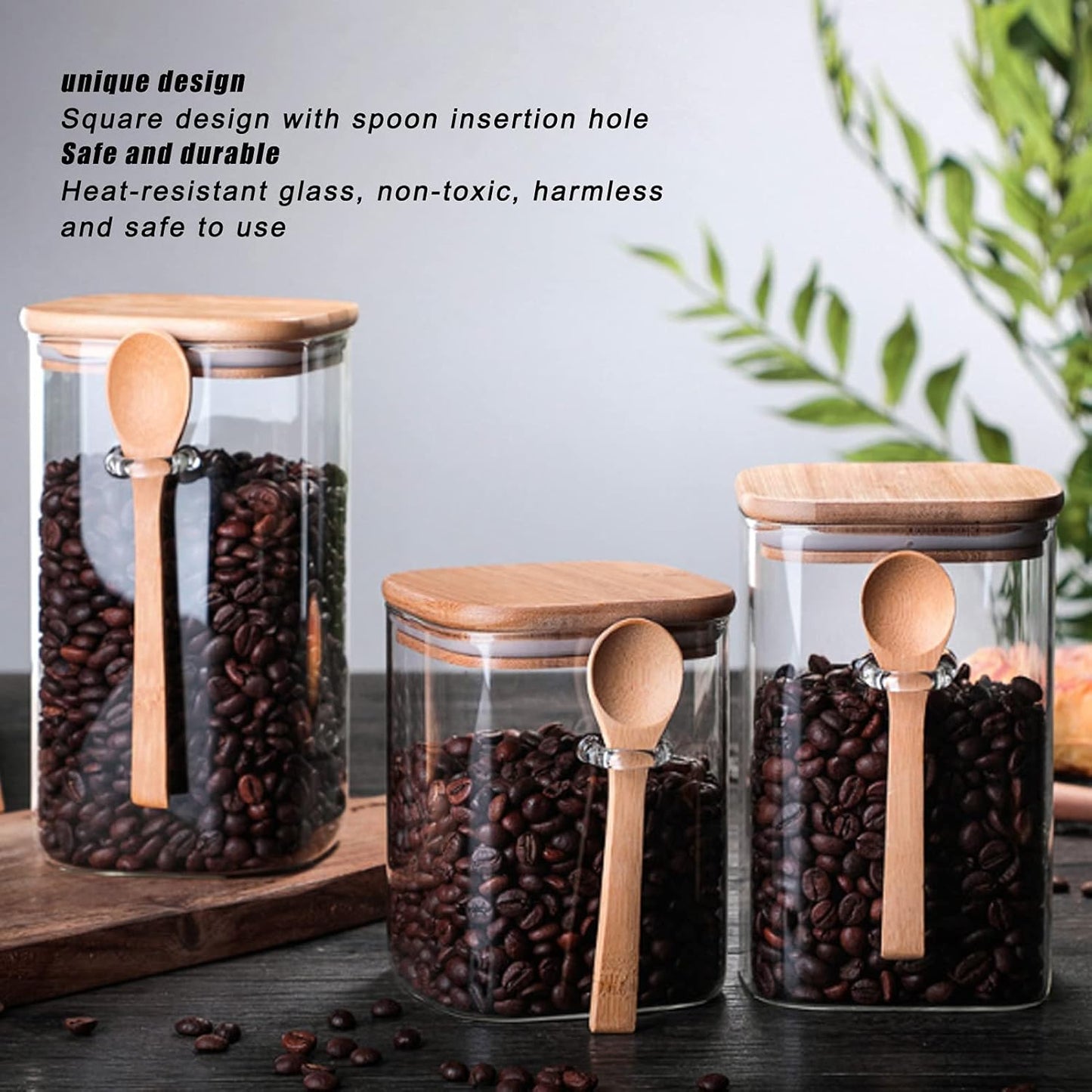 Phoenix,Square Design Glass Storage Jar with Spoon