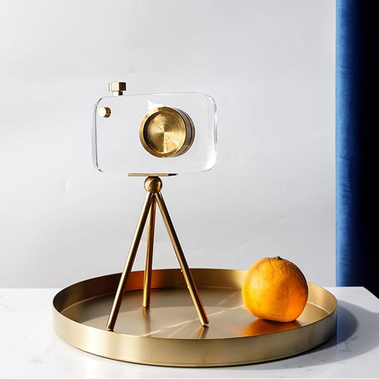 Elegant Crystal Camera Sculpture W/ Golden Metal Base