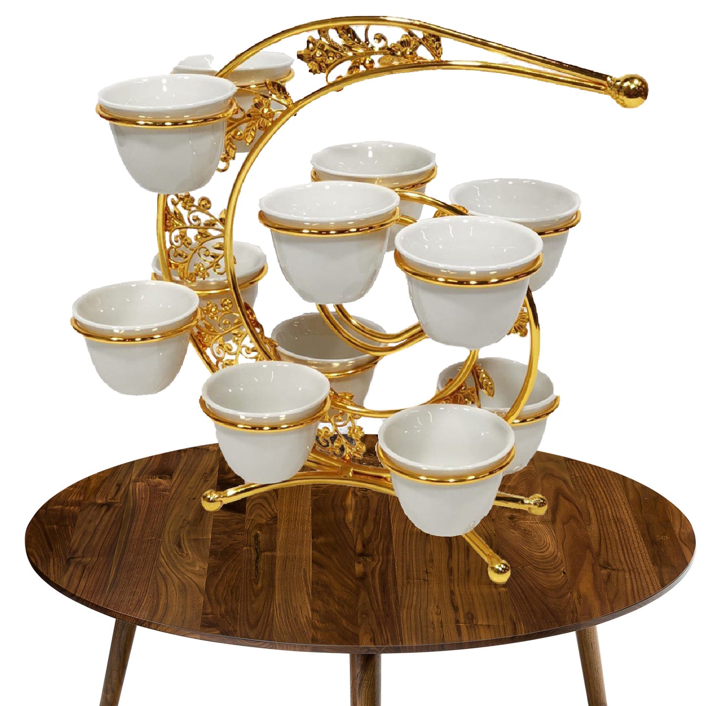 12 Pcs White Arabic Coffee Cups With Golden Metal Stand