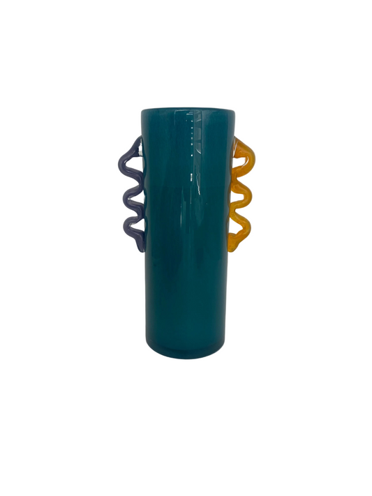 Colored Handle Cylinder Blue Glass Vase