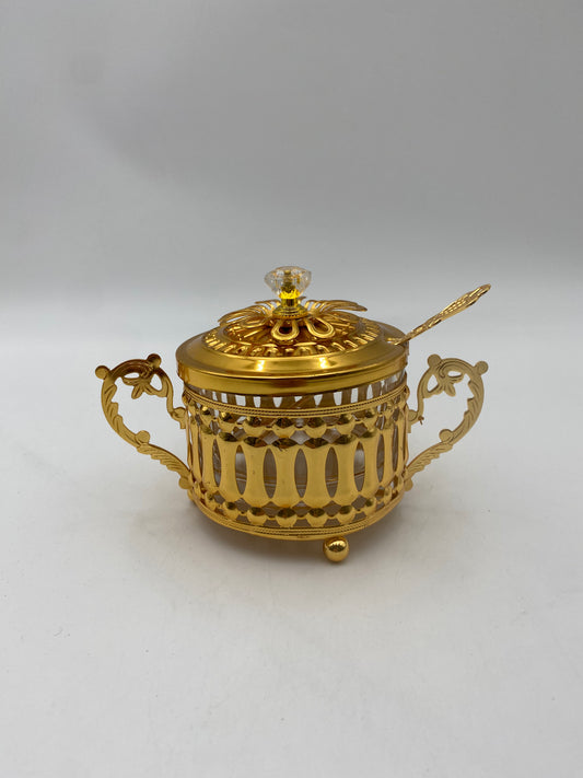 Glass Sugar Bowl Metal Golden Patterned W/ Golden Spoon