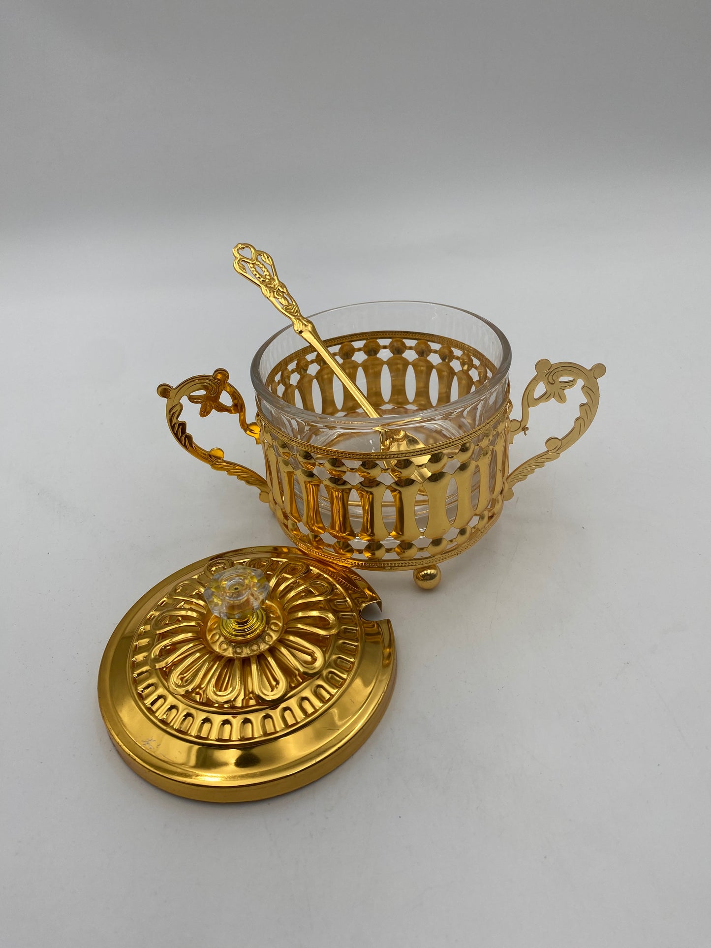 Glass Sugar Bowl Metal Golden Patterned W/ Golden Spoon