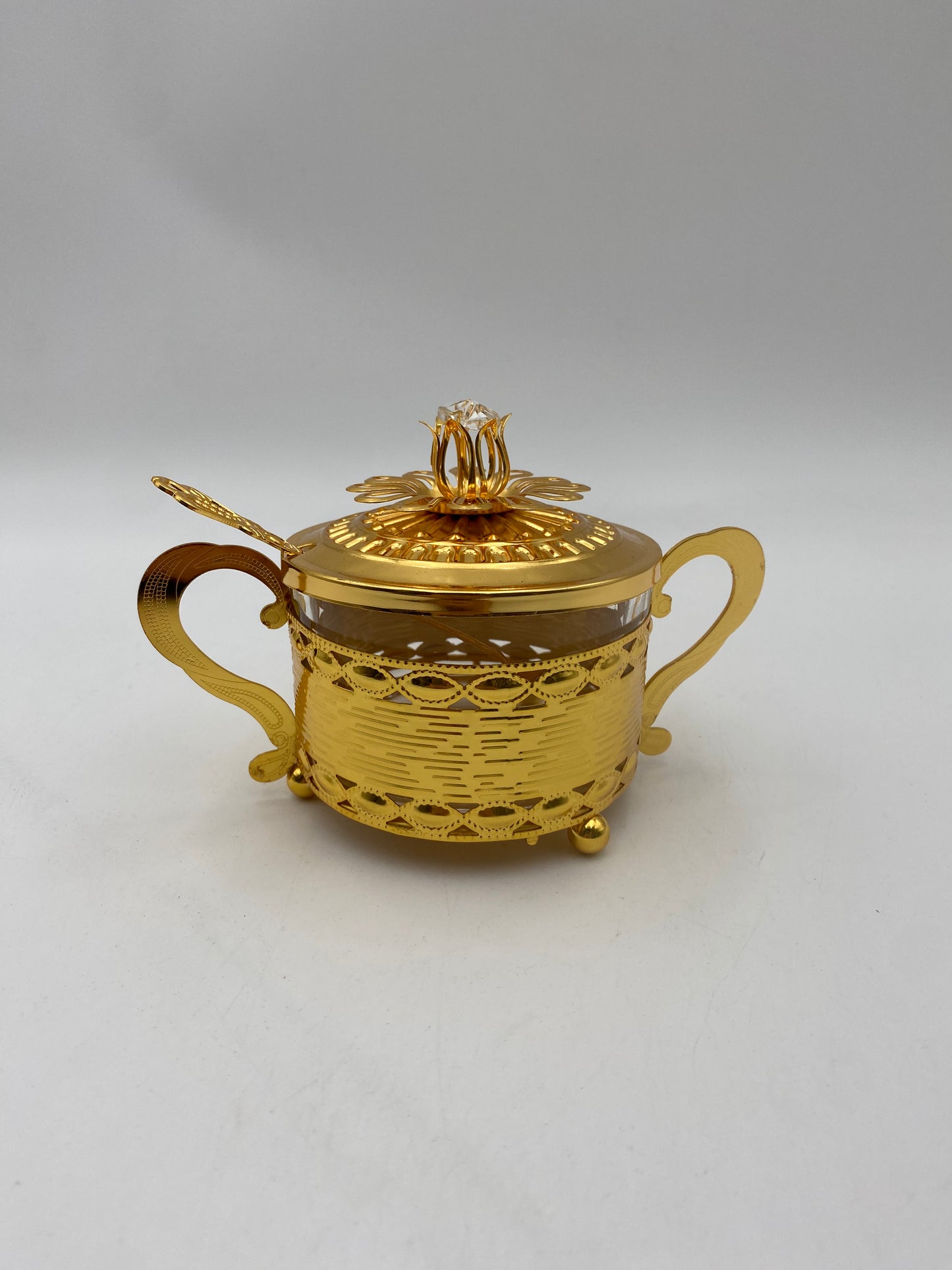 Glass Sugar Bowl Metal Golden Patterned W/ Golden Spoon