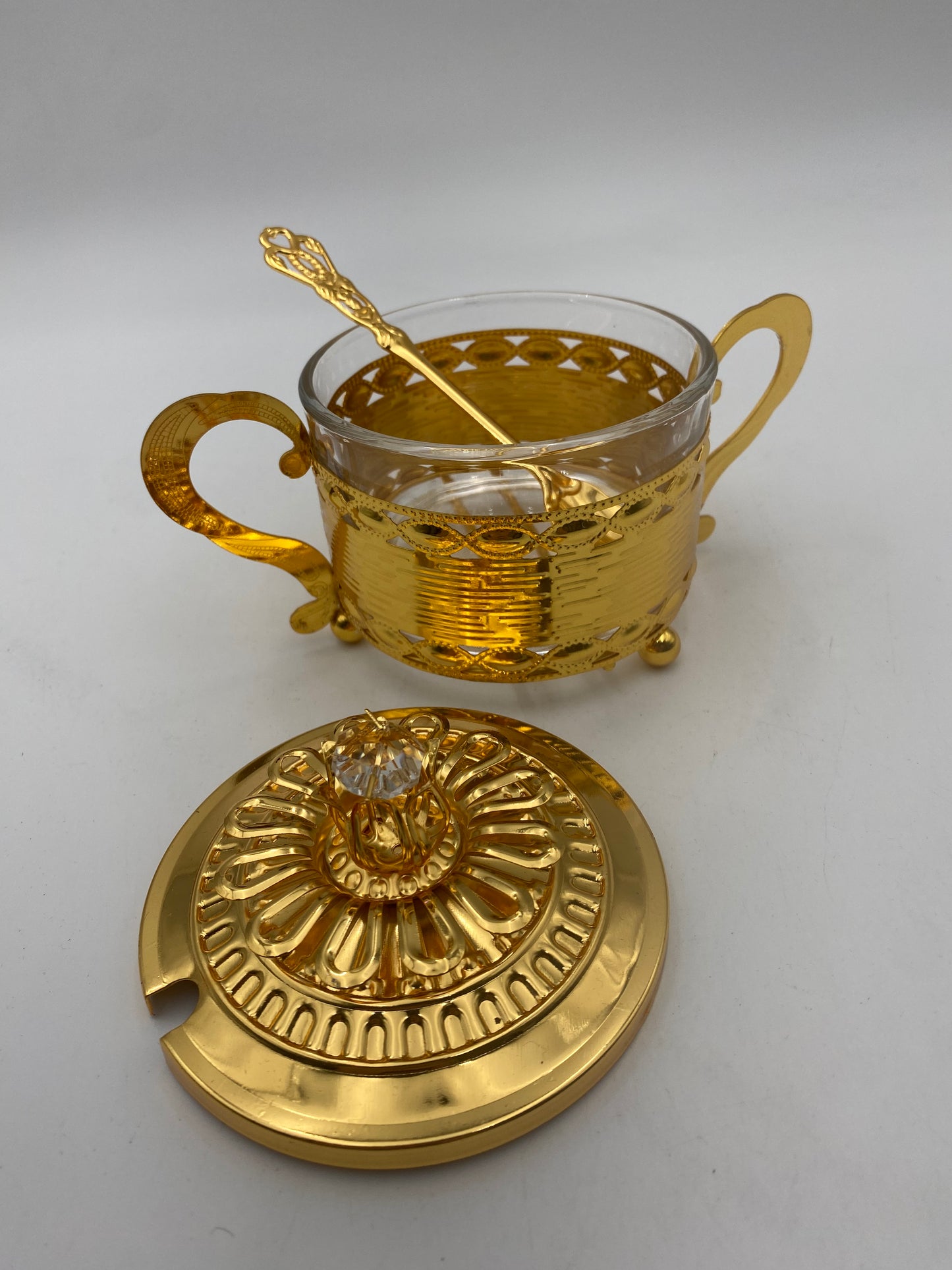 Glass Sugar Bowl Metal Golden Patterned W/ Golden Spoon