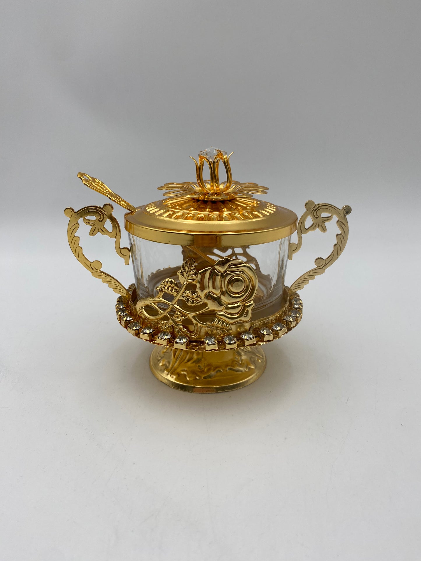 Glass Sugar Bowl Metal Golden Patterned W/ Golden Spoon