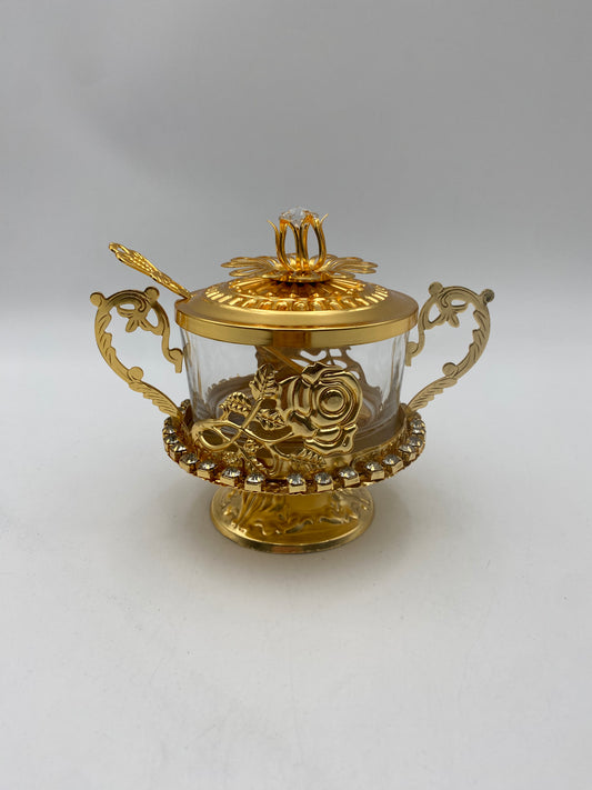 Glass Sugar Bowl Metal Golden Patterned W/ Golden Spoon