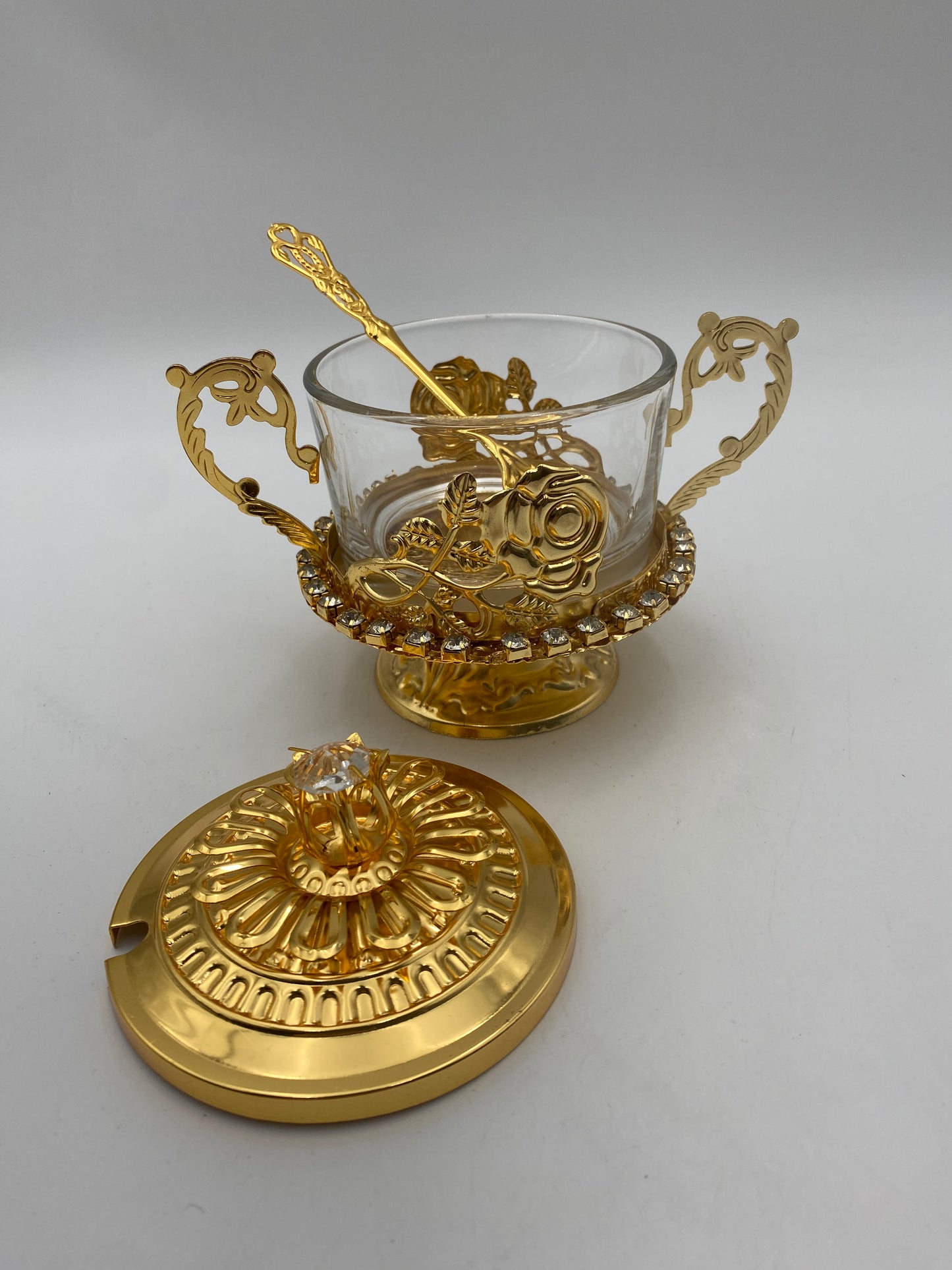 Glass Sugar Bowl Metal Golden Patterned W/ Golden Spoon