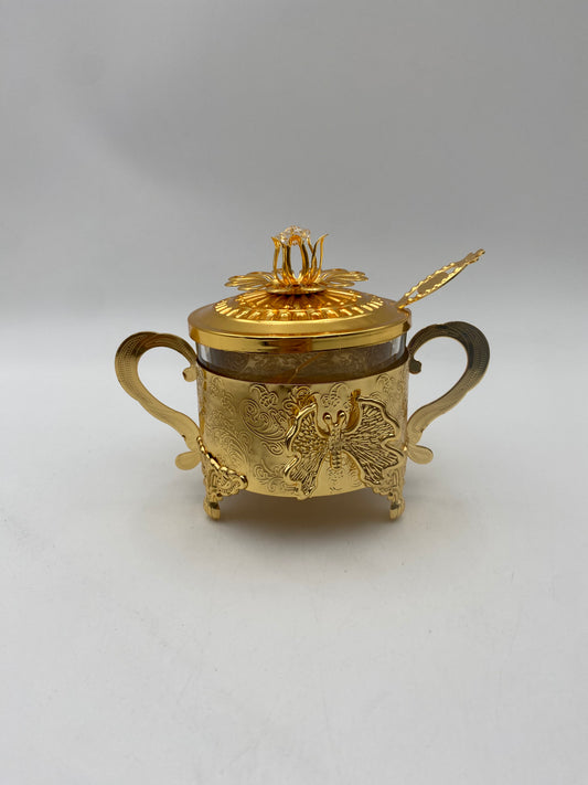 Glass Sugar Bowl Metal Golden Patterned W/ Golden Spoon