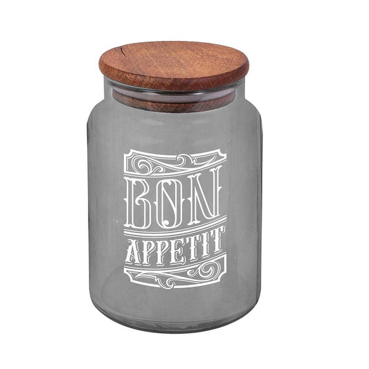 Herevin Jar Transparent Grey Painted - White Bon Appetit Printed