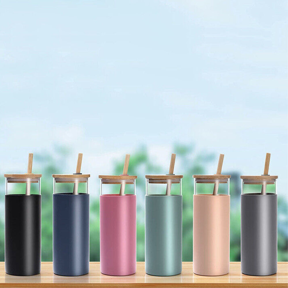 Glass Tumbler Straw Silicone Protective Sleeve Bamboo Lid 500 ML