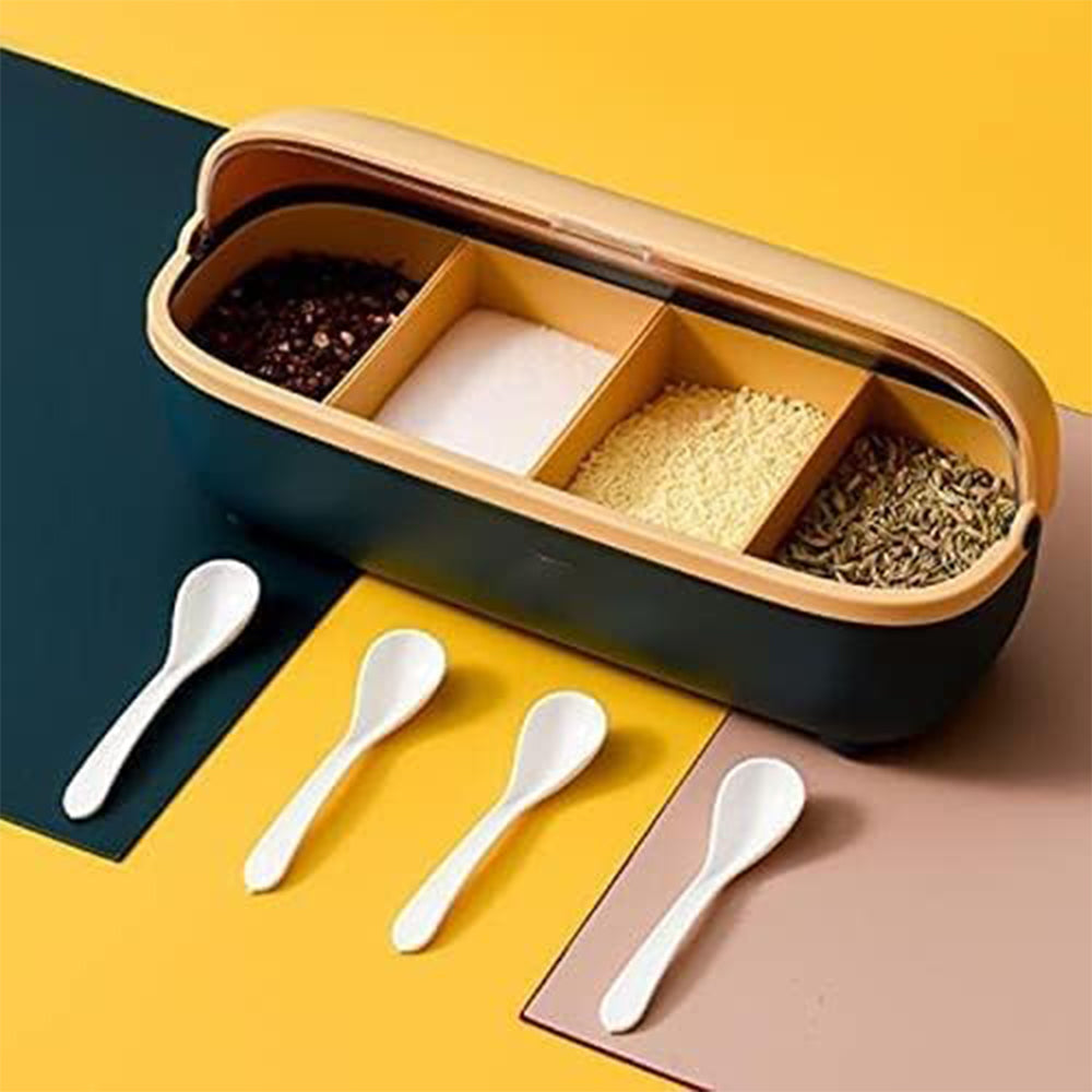 Spice Bottle Four Compartment Condiment Spice Box,With Spoons,Suitable For Kitchen