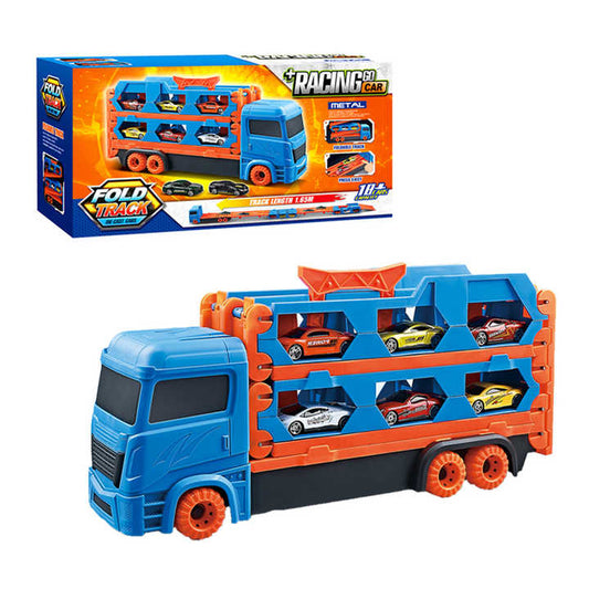 Foldable Ejection Rail Friction Power Alloy Cars Transport Carrier Toy Truck and Trailer for Kids
