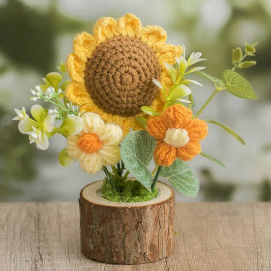 Handmade Crochet  Sunflower  Pot  with Artificial  Plant