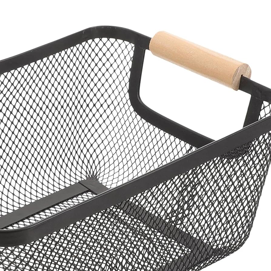 Mesh Metal Storage Basket with Wood Handle -Portable for Cabinet Pantry -Black