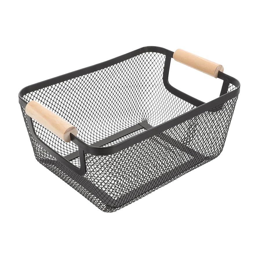 Mesh Metal Storage Basket with Wood Handle -Portable for Cabinet Pantry -Black