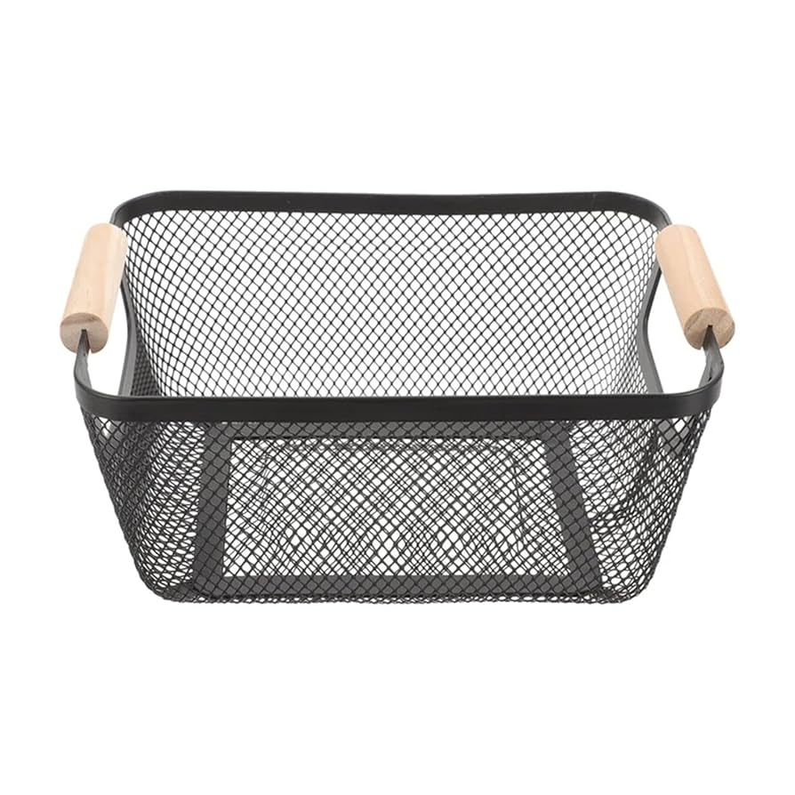 Mesh Metal Storage Basket with Wood Handle -Portable for Cabinet Pantry -Black