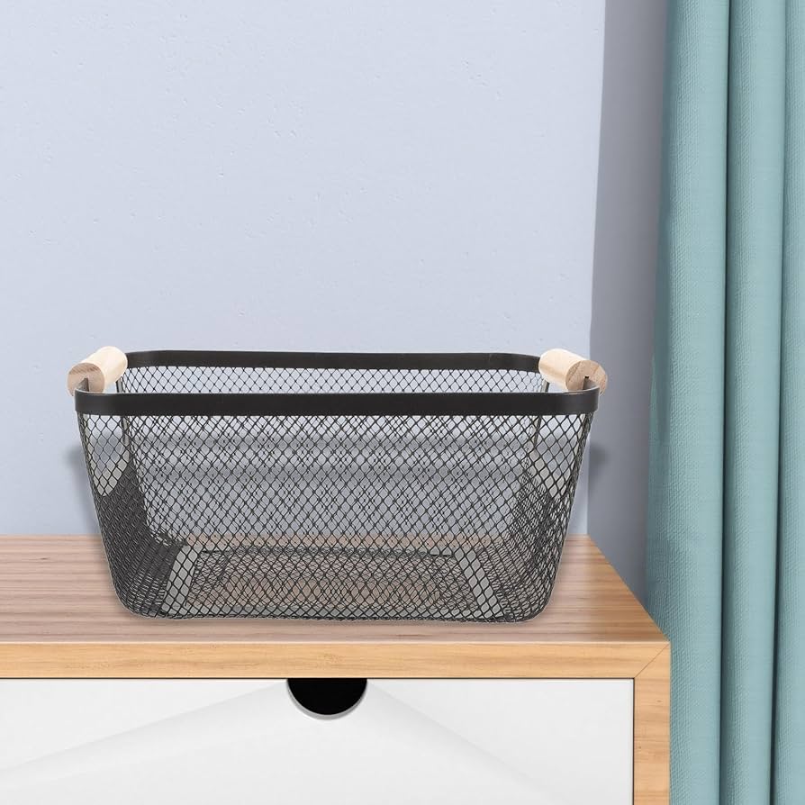Mesh Metal Storage Basket with Wood Handle -Portable for Cabinet Pantry -Black