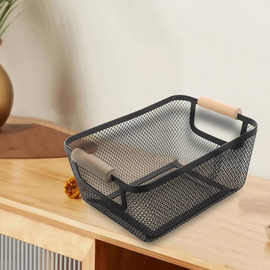 Mesh Metal Storage Basket with Wood Handle -Portable for Cabinet Pantry -Black