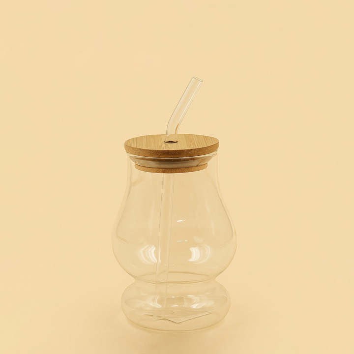 400 ML Elegant Curved Glass Tumbler with Bamboo Lid and Glass Straw