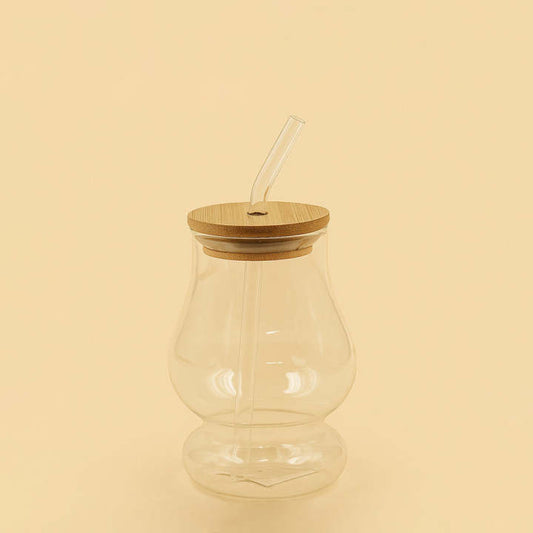 400 ML Elegant Curved Glass Tumbler with Bamboo Lid and Glass Straw