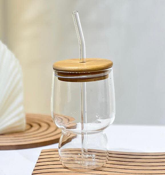 400 ML Elegant Curved Glass Tumbler with Bamboo Lid and Glass Straw