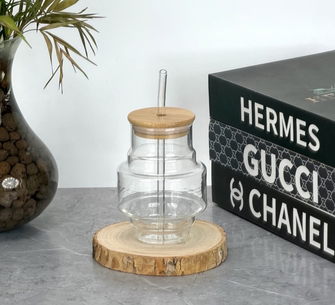400 ML Elegant Curved Glass Tumbler with Bamboo Lid and Glass Straw