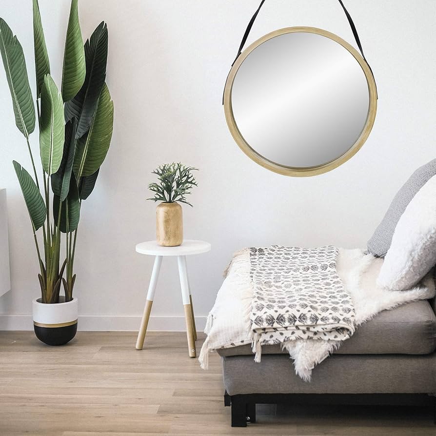 Round Hanging Mirror with Wood Framed / Small Circle Wall Mirror with Leather Strap