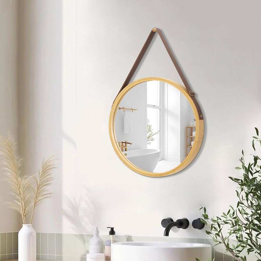 Round Hanging Mirror with Wood Framed / Small Circle Wall Mirror with Leather Strap