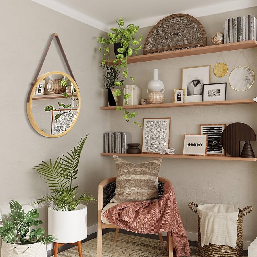 Round Hanging Mirror with Wood Framed / Small Circle Wall Mirror with Leather Strap