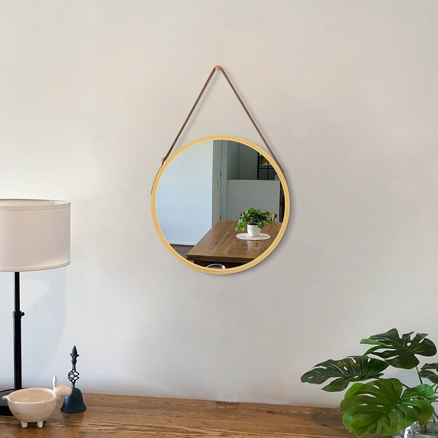 Round Hanging Mirror with Wood Framed / Small Circle Wall Mirror with Leather Strap
