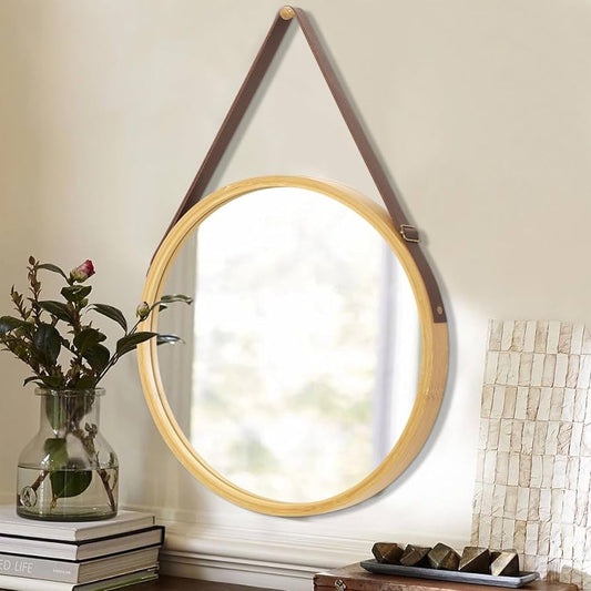 Round Hanging Mirror with Wood Framed / Small Circle Wall Mirror with Leather Strap