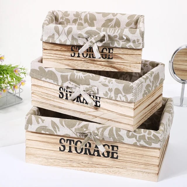 3 Pcs Squared Wooden Storage Basket Set