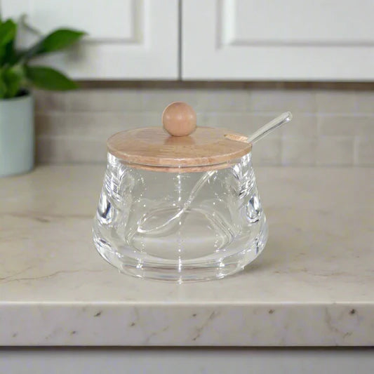 Glass Sugar Pot With Bamboo Lid W/Spoon